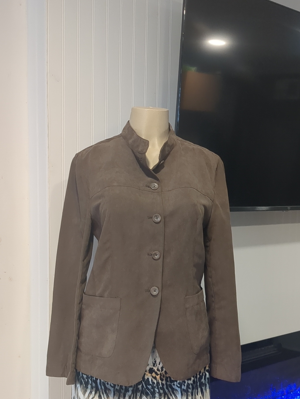 Jaclyn Smith Brown Faux Suede Mandarin Collar Blazer Jacket, Women's Sz. 8